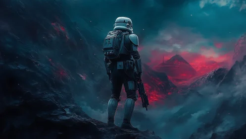 Armored sci fi soldier overlooking volcanic alien valley.