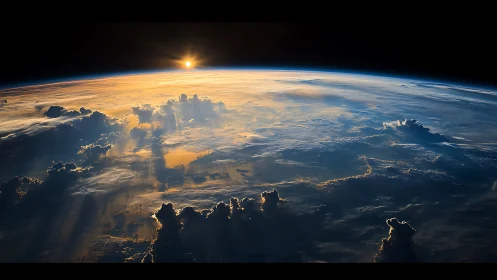 Orbital sunrise over Earth cloud tops in golden light.