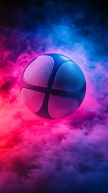 Glowing basketball floats in vibrant pink and blue smoke