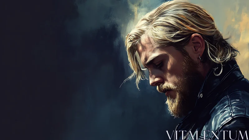 Brooding blond man in leather jacket against moody dusk.