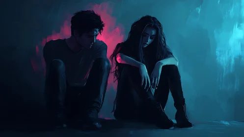 Neon silence between broken hearts in electric blue gloom.