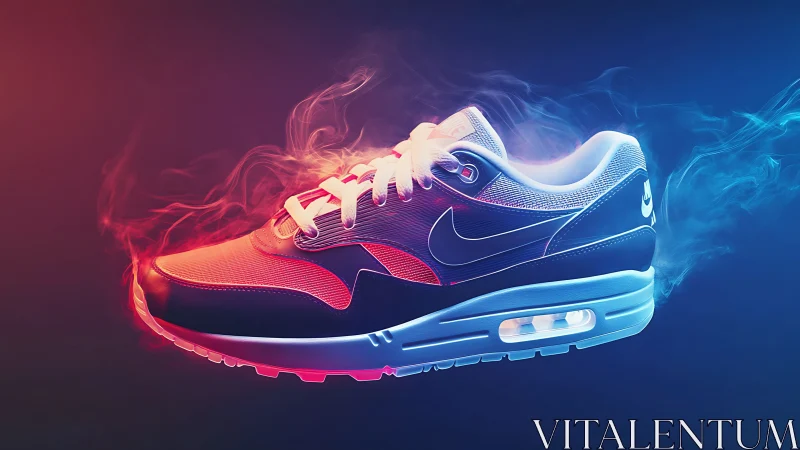 Glowing neon sneaker drifting through electric color haze.