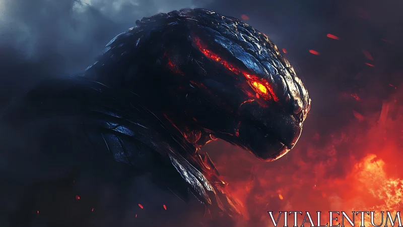 Inferno-shelled titan rises from smoke with molten gaze.