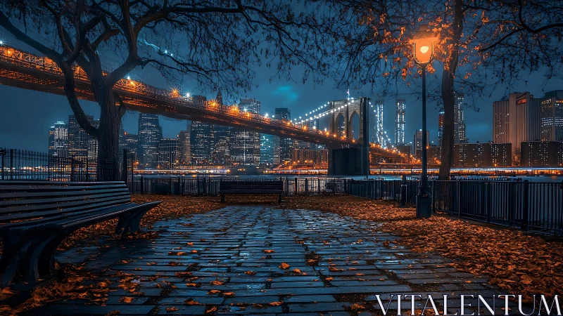 Brooklyn Bridge and city skyline viewed from riverside park.