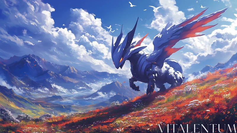 Skyforged dragon sentinel over wildflower ember hills.