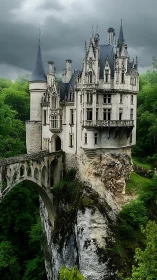 Neo-Gothic cliffside castle with arched stone bridge and forest.