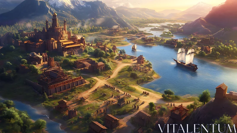 Sunlit fantasy harbor kingdom alive with trade and tales.