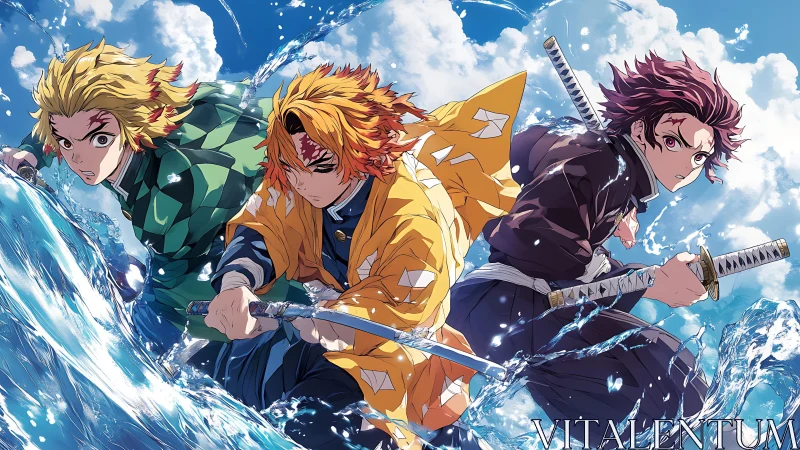 Dynamic trio of anime swordsmen charge through splashing waves