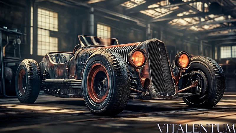 Vintage-style hot rod is parked in an industrial warehouse