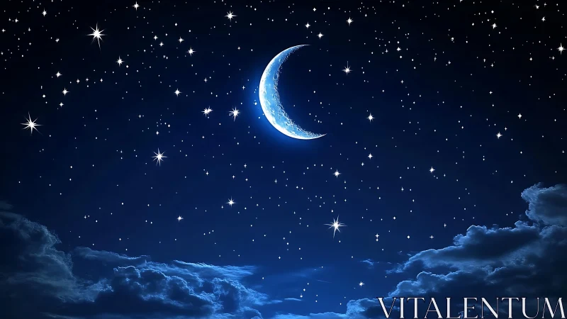 Crescent moon glows among dense stars above soft night clouds