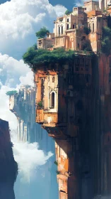 Clifftop sky city rising above soft clouds and bright cliffs.