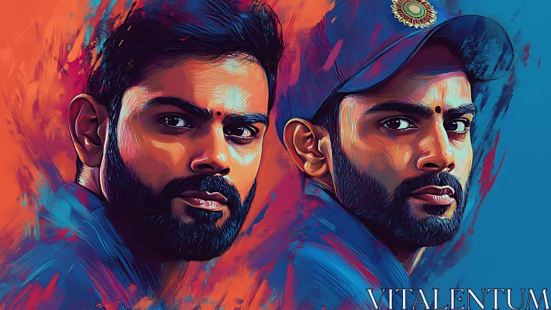 Bold dual cricket portraits in vivid split-color strokes.