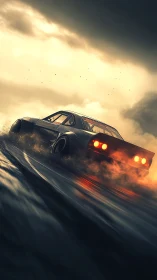 Retro drift car in cinematic dusk rain with glowing exhaust