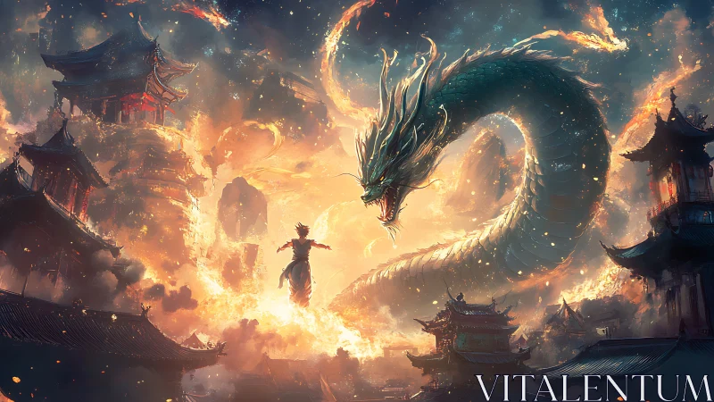 Human figure confronting serpentine dragon over burning city.