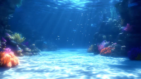 Sunlit underwater coral valley with colorful reef walls.