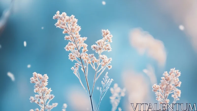 Frost-Covered Wildflowers Against Azure Sky with Bokeh Depth.