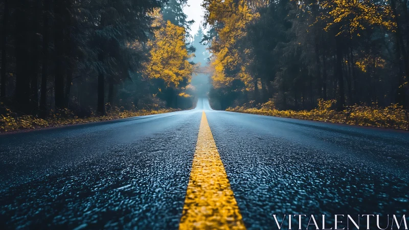 Golden forest road invites a calm journey into soft light