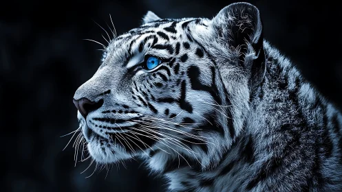 Snow leopard portrait with electric blue eyes in profile