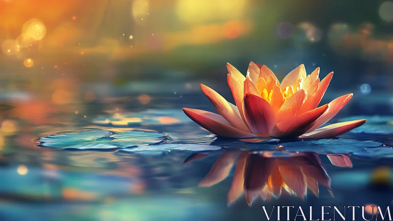 Spectral-lit waterlily with reflective bokeh surface rendering.
