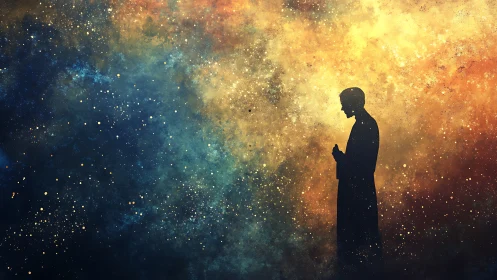 Silhouette of solitary figure against vast starry cosmos.