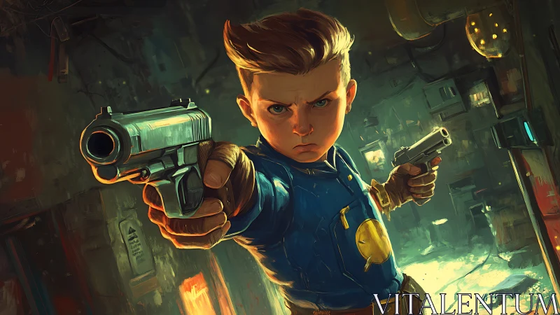 Determined young gunfighter in stylized urban standoff.