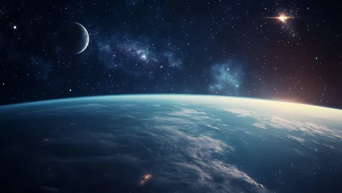 Earth horizon from space with distant moon and bright stars.