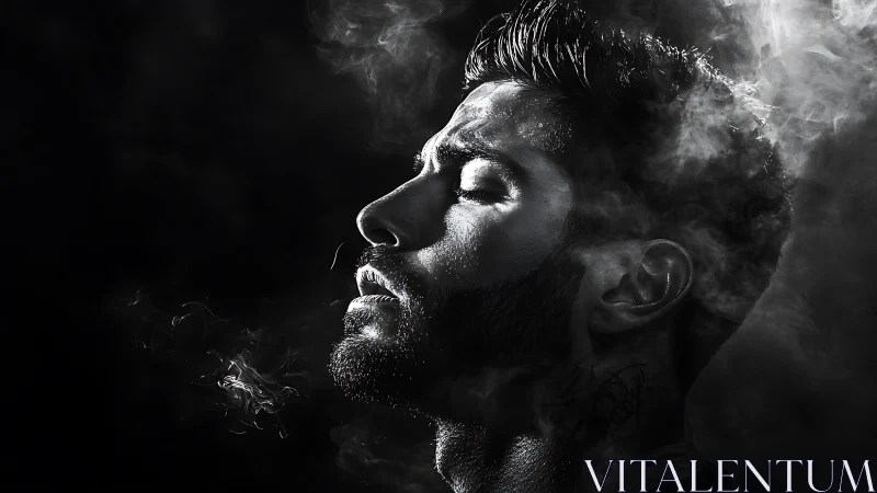 Calm profile in swirling smoke and soft monochrome light.