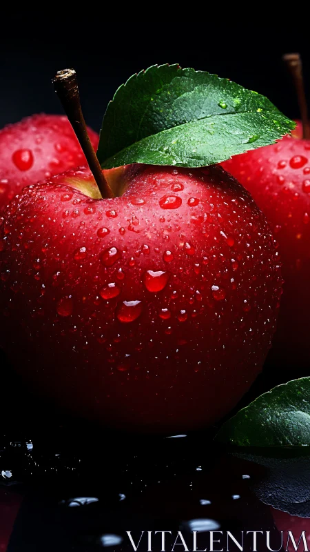 Red apple macro glistens with water droplets on black