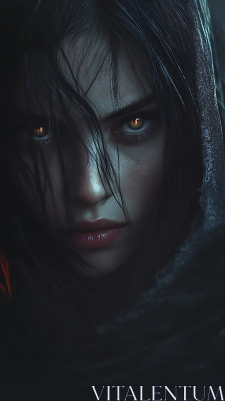 Golden eyes in the dark, a quiet storm behind the gaze.