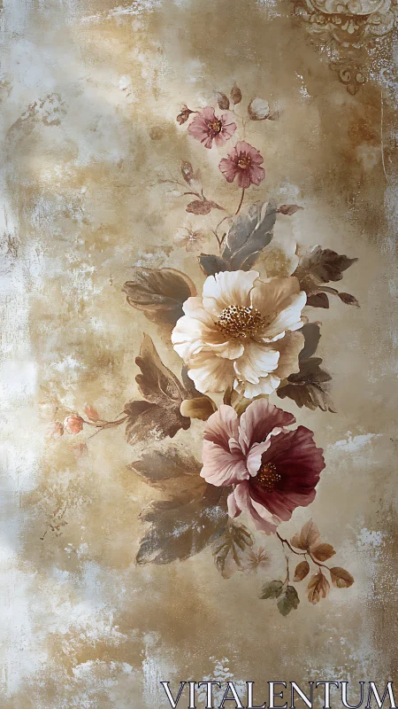 Soft vintage florals drift gently across a weathered wall