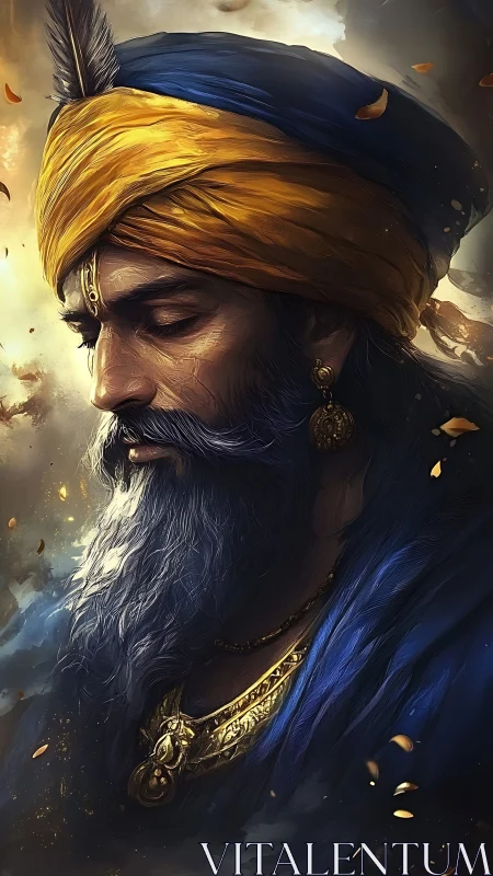 Regal turbaned elder in contemplative golden light gazes downward.
