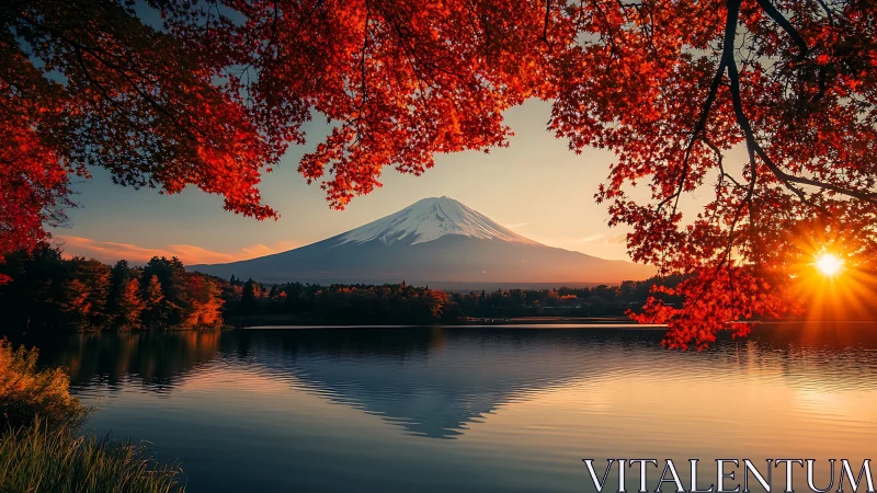 Mount Fuji across a calm lake framed by red autumn foliage.
