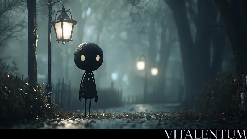 Small stylized figure stands by lamppost on wet forest path