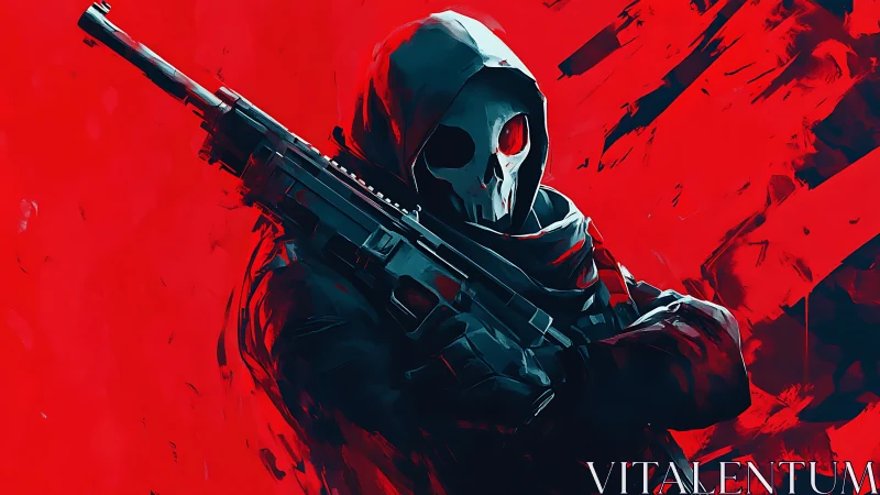 Hooded skull-masked figure holds rifle against abstract red field