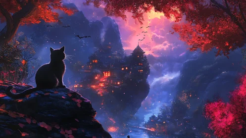 Black Cat Overlooking Mystical Castle at Dusk