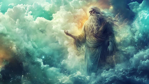 Ethereal elder figure standing amid luminous cloudscape.