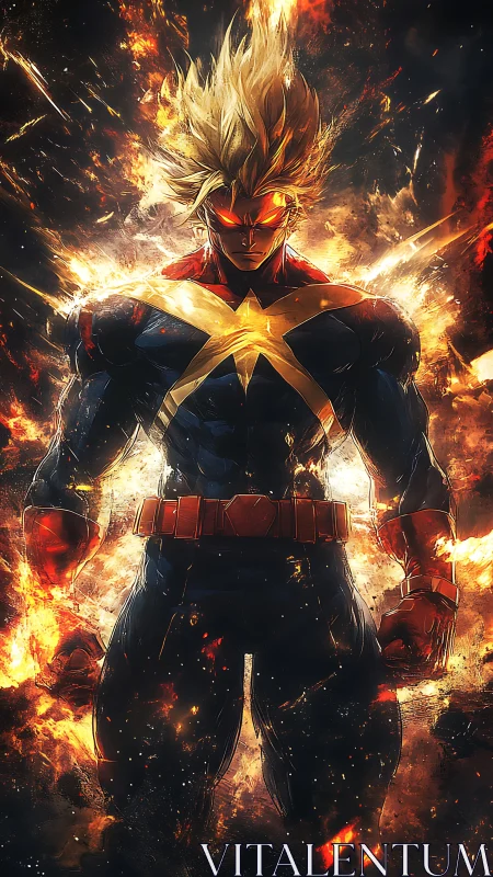 Blazing cosmic hero standing strong in a storm of light.