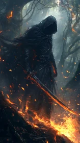 Shadowed warrior strides through firelit forest ruins