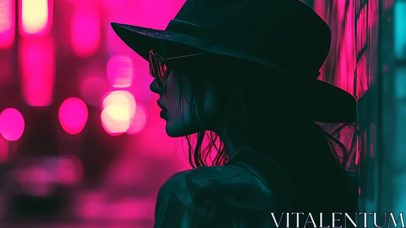 Silhouetted woman in hat against neon pink city lights.