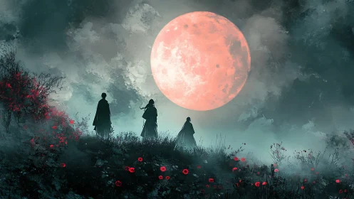 Three wanderers trade secrets with a colossal coral moon