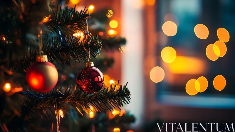 Christmas tree ornaments glow beside warm window lights