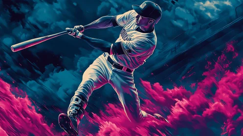 Digital illustration shows baseball batter mid-swing in neon clouds