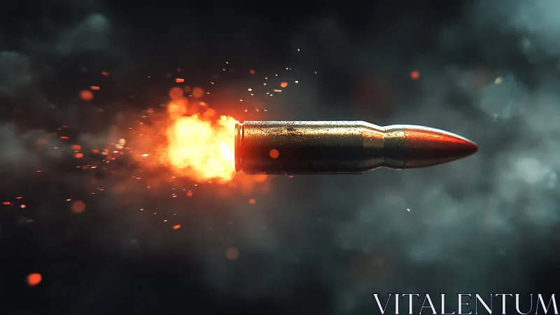 High-speed bullet in flight with muzzle flash and sparks.