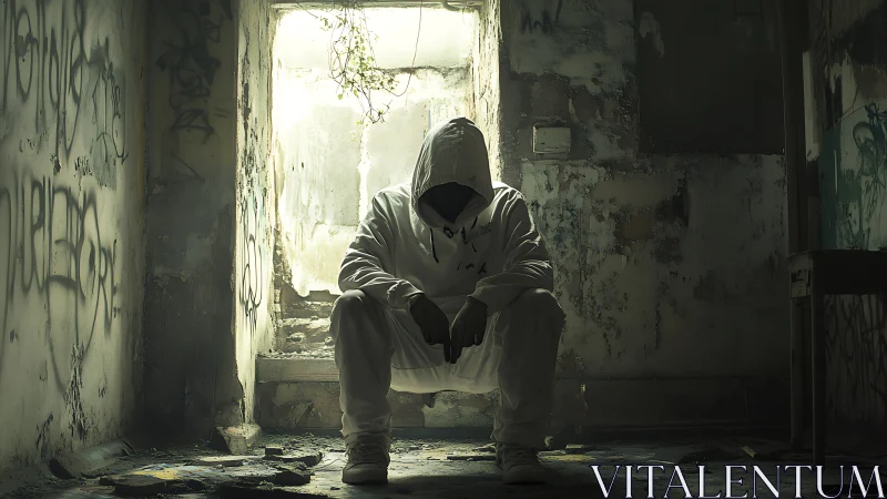 Hooded figure in white sitting alone in decayed room.