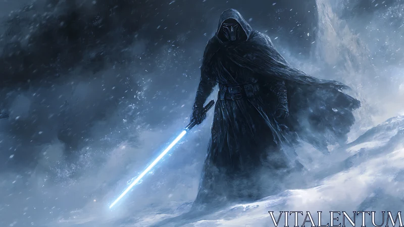 Hooded warrior grips glowing blade in a raging ice storm