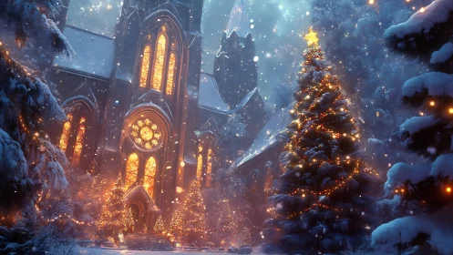 Snowlit cathedral windows spill Christmas fire into night