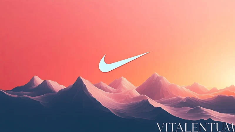 Minimal swoosh emblem hovers over neon-gradient mountain range