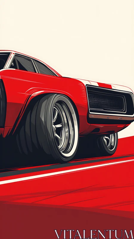 Red muscle car rear perspective with dynamic racing stripes.