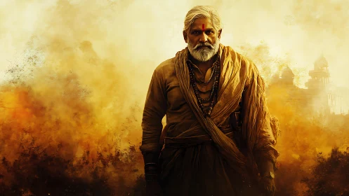 Fierce elder walks through golden dust with quiet strength.