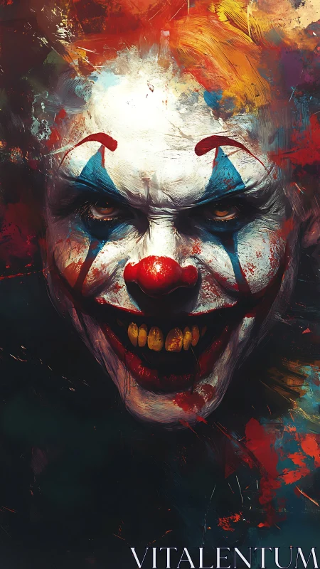 Sinister clown portrait in chaotic, blood-red brushstrokes.